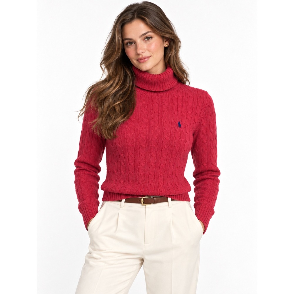 Ralph Lauren Sport Pink Cable Knit Turtleneck Lambswool Sweater Medium Vintage